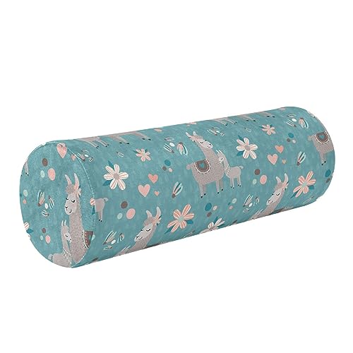 Vnurnrn Teal Llama Flower Neck Support Pillow Round Neck Roll Bolster Cylinder Pillow Cervical Pillows Memory Foam Pillow for Leg Knee Back Head Support for Work Women Men Traveling Headrest