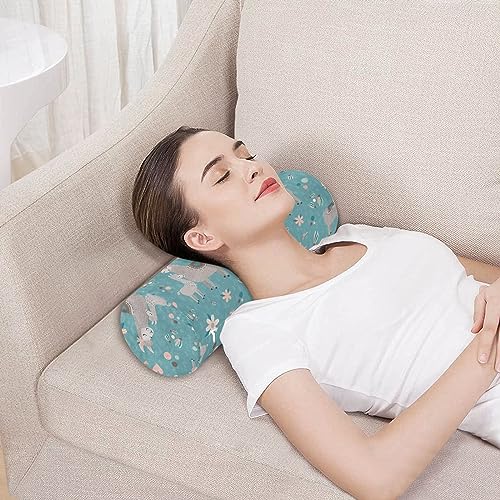 Vnurnrn Teal Llama Flower Neck Support Pillow Round Neck Roll Bolster Cylinder Pillow Cervical Pillows Memory Foam Pillow for Leg Knee Back Head Support for Work Women Men Traveling Headrest