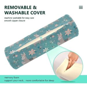 Vnurnrn Teal Llama Flower Neck Support Pillow Round Neck Roll Bolster Cylinder Pillow Cervical Pillows Memory Foam Pillow for Leg Knee Back Head Support for Work Women Men Traveling Headrest