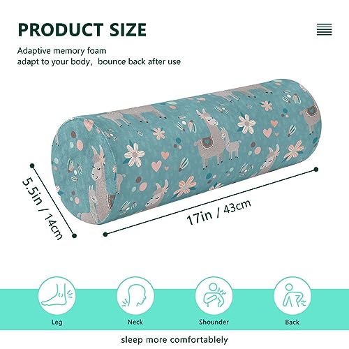 Vnurnrn Teal Llama Flower Neck Support Pillow Round Neck Roll Bolster Cylinder Pillow Cervical Pillows Memory Foam Pillow for Leg Knee Back Head Support for Work Women Men Traveling Headrest