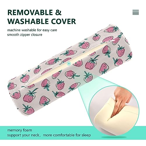 Vnurnrn Pink Strawberry Green Leaves Neck Support Pillow Round Neck Roll Bolster Cylinder Pillow Cervical Pillows Knee Pillow for Leg Knee Back Head Support for Camp Study Work Men