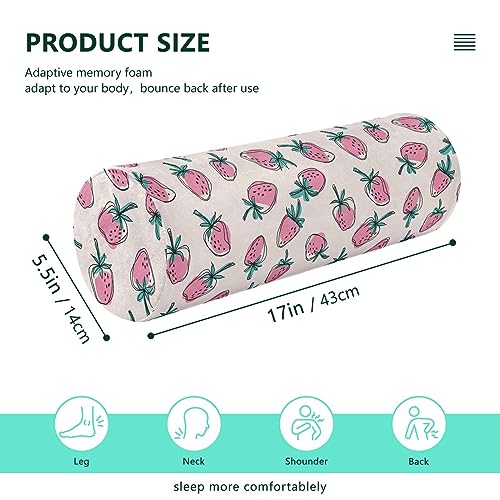 Vnurnrn Pink Strawberry Green Leaves Neck Support Pillow Round Neck Roll Bolster Cylinder Pillow Cervical Pillows Knee Pillow for Leg Knee Back Head Support for Camp Study Work Men