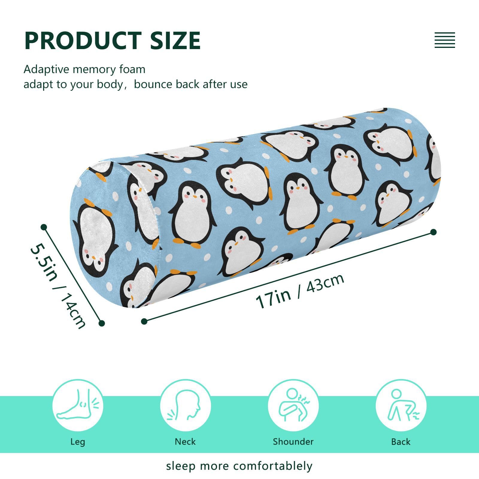 Vnurnrn Cute Blue Penguin Cartoon Neck Support Pillow Round Neck Roll Bolster Cylinder Pillow Cervical Pillows Arm Pillow for Leg Knee Back Head Support for Bedroom Camp Work Women Men