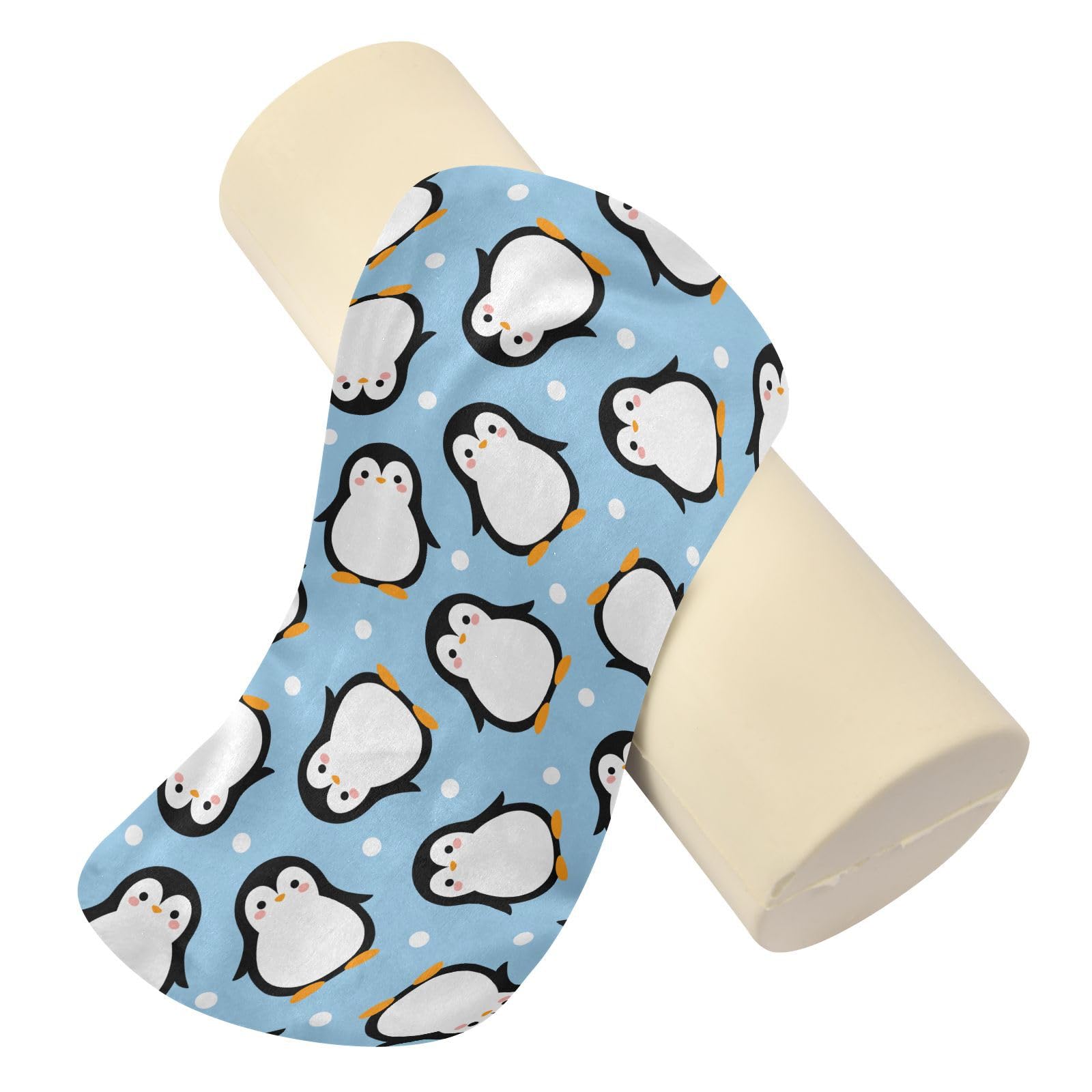 Vnurnrn Cute Blue Penguin Cartoon Neck Support Pillow Round Neck Roll Bolster Cylinder Pillow Cervical Pillows Arm Pillow for Leg Knee Back Head Support for Bedroom Camp Work Women Men