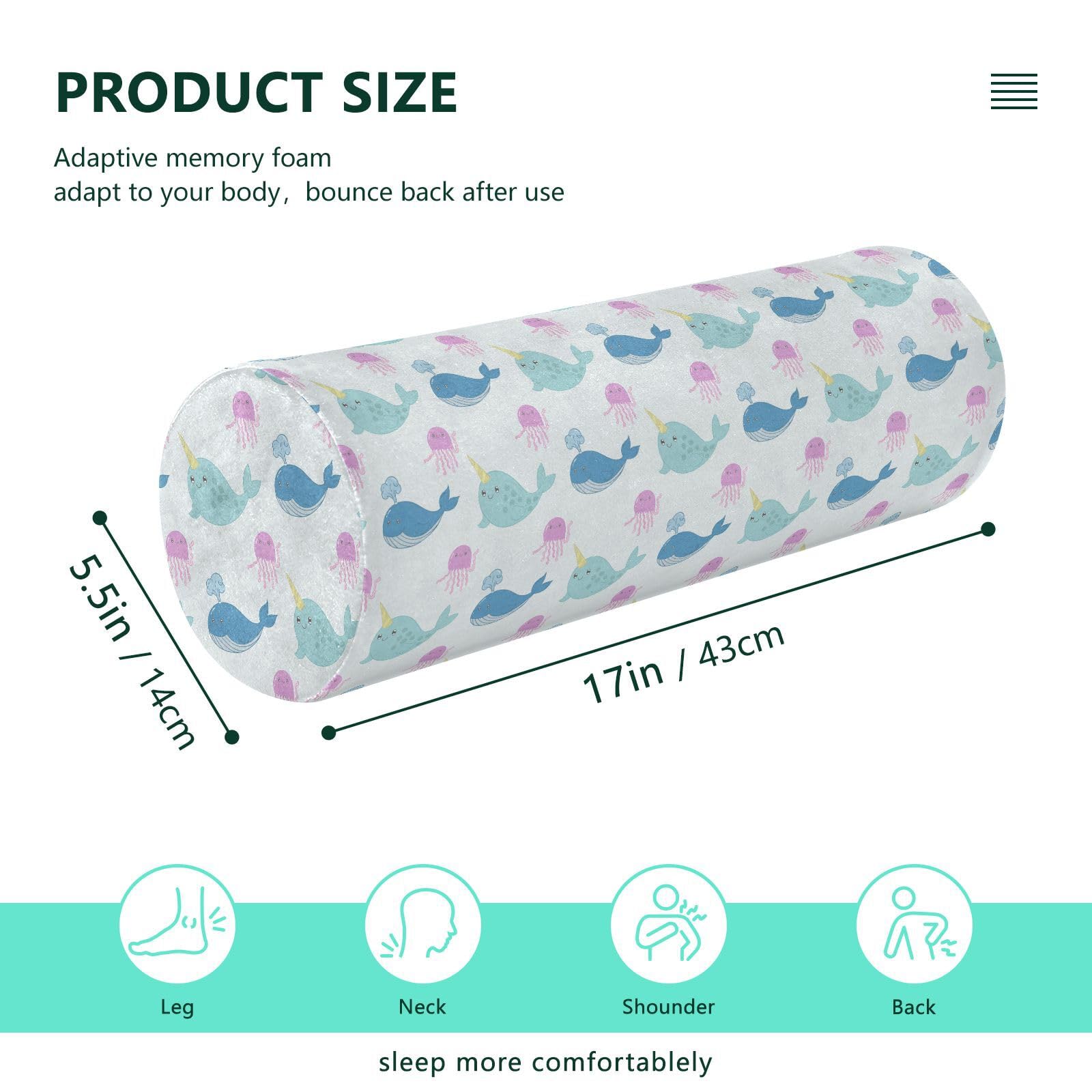 Vnurnrn Jellyfish Whale Narwhal Neck Support Pillow Round Neck Roll Bolster Cylinder Pillow Cervical Pillows Memory Foam Pillow for Leg Knee Back Head Support for Study Work Men Women
