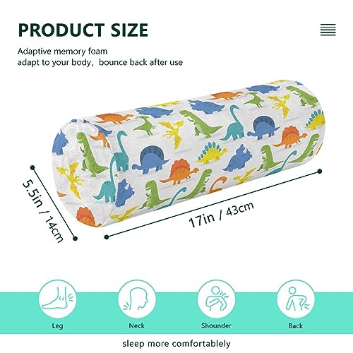 Vnurnrn Cartoon Dinosaurs Neck Support Pillow Round Neck Roll Bolster Cylinder Pillow Cervical Pillows Memory Foam Pillow for Leg Knee Back Head Support for Bedroom Camp Work Women Men