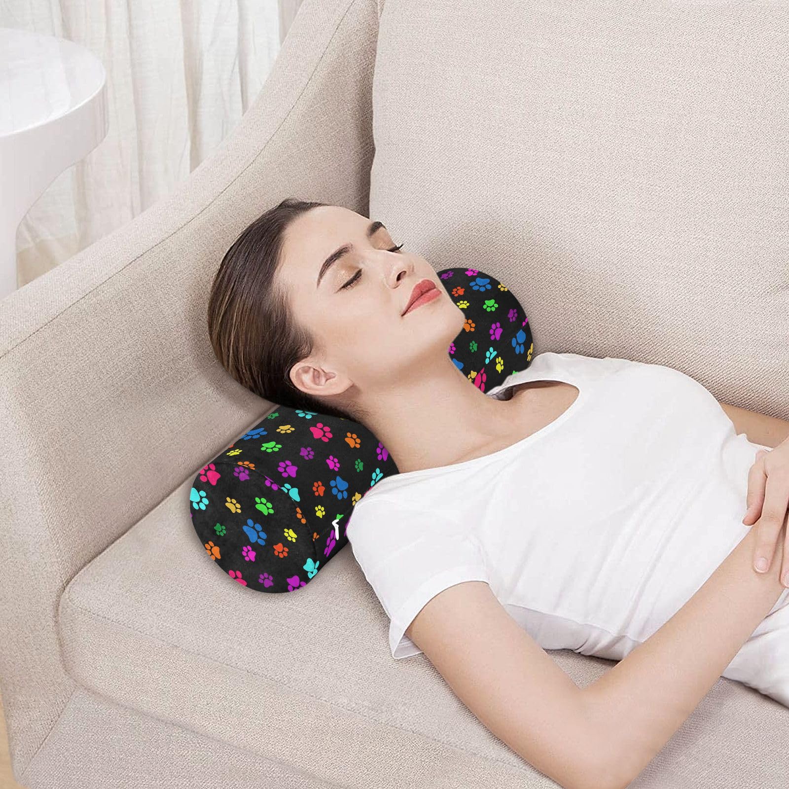 Vnurnrn Color Paw Prints Neck Support Pillow Round Neck Roll Bolster Cylinder Pillow Cervical Pillows Arm Pillow for Leg Knee Back Head Support for Work Women Men Traveling Headrest