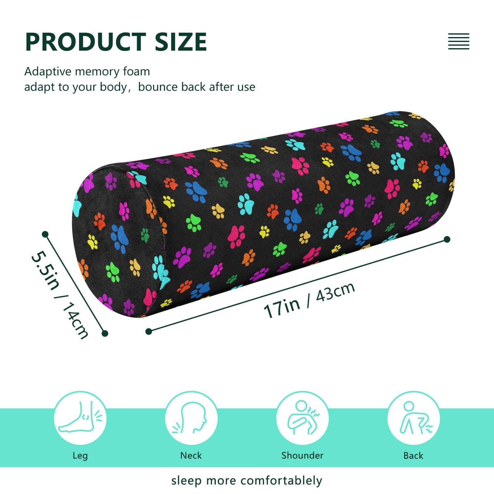 Vnurnrn Color Paw Prints Neck Support Pillow Round Neck Roll Bolster Cylinder Pillow Cervical Pillows Arm Pillow for Leg Knee Back Head Support for Work Women Men Traveling Headrest