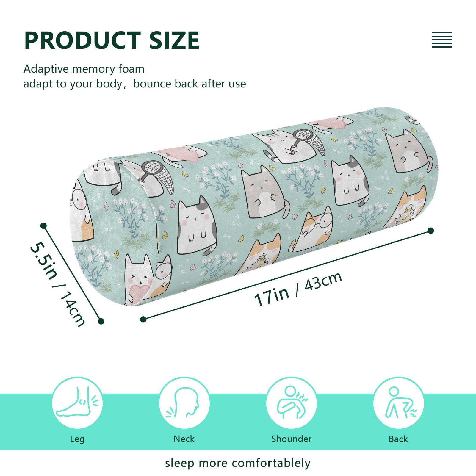 Vnurnrn Kawaii Cute Cat Neck Support Pillow Round Neck Roll Bolster Cylinder Pillow Cervical Pillows Travel Pillow for Leg Knee Back Head Support for Camp Work Women Men Traveling