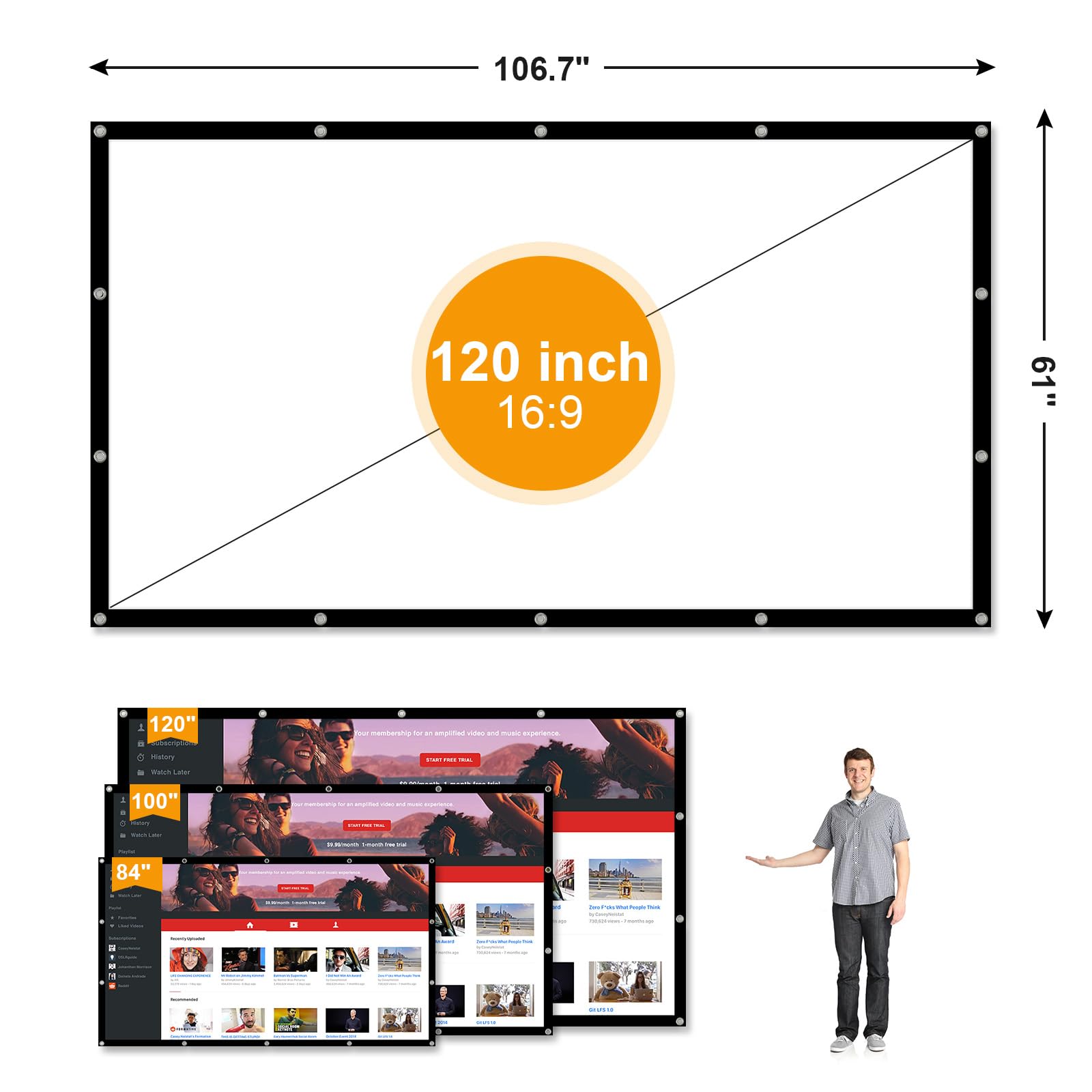 Azzuro 120 inch Projector Screen, Double Sided Washable Outdoor Projection Screens, 16:9 Foldable Anti-Crease Portable Projection Movies Screen for Camping Party, Home Theater, Office