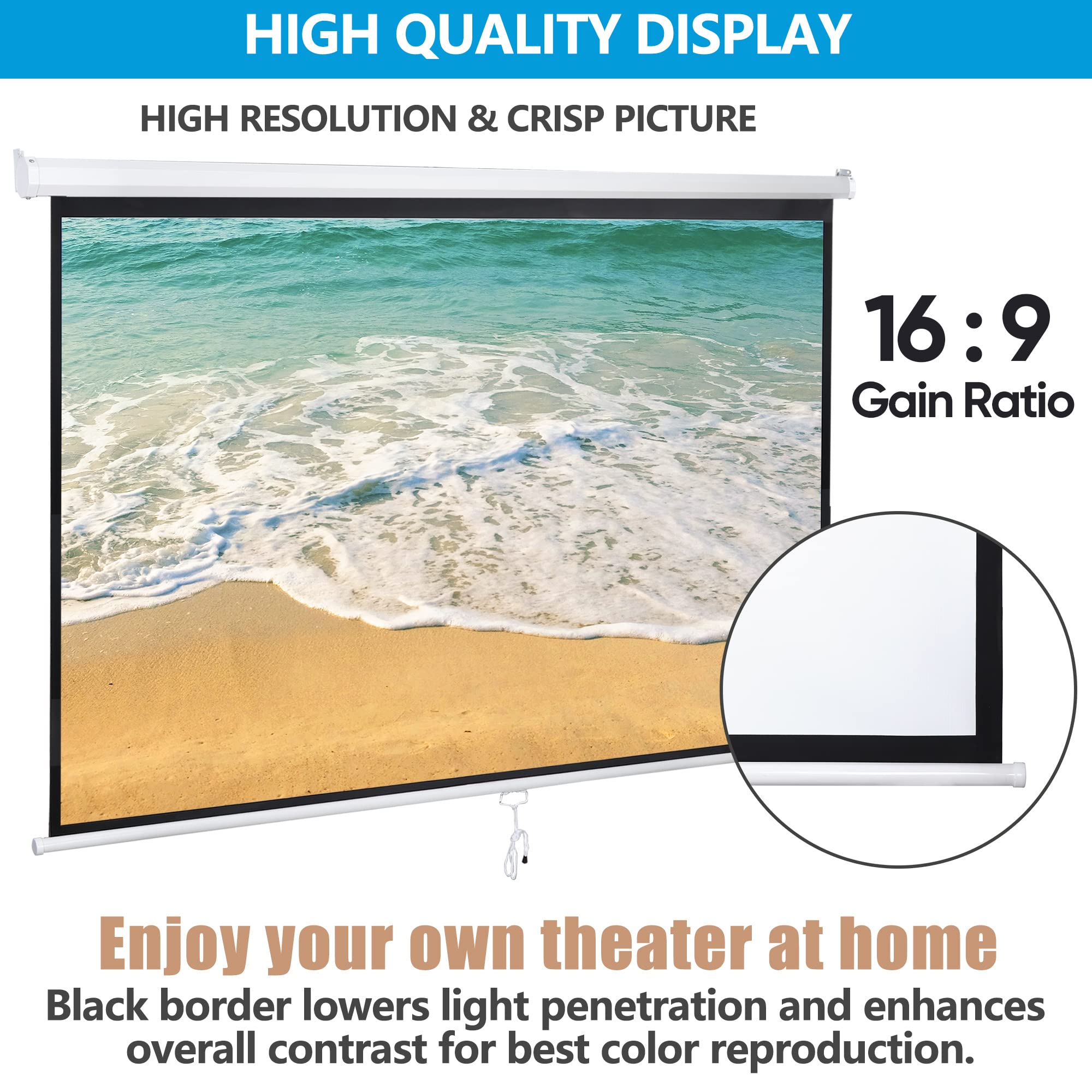 ZENY Projector Screen Pull Down 80 Inch 16:9 HD Projection Screen Folding Home Theater Portable Indoor Outdoor Movie Screen