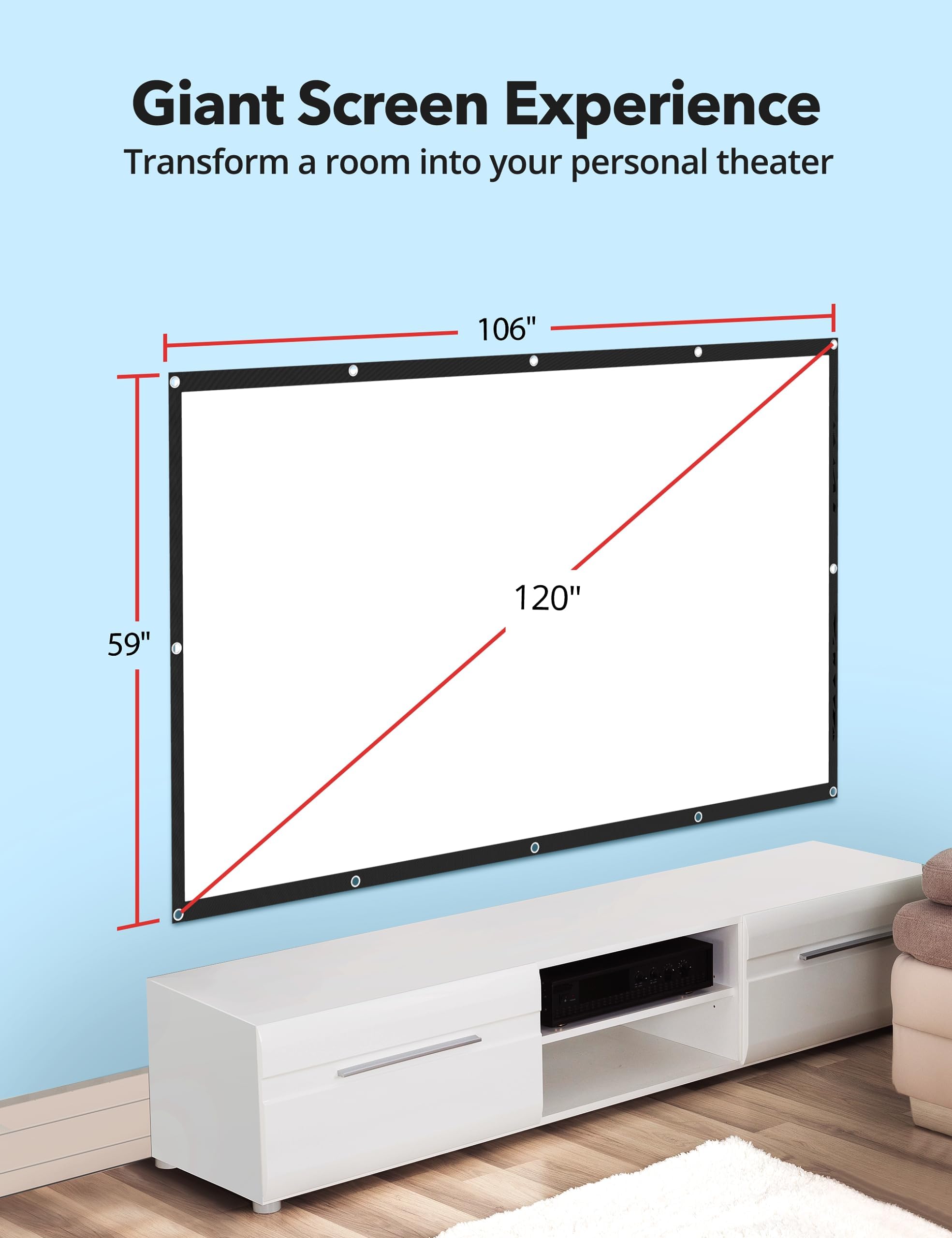 Projector Screen, HYZ 120 inch Portable Projector Screen Indoor Outdoor Projection Screen 16:9 4K HD Wrinkle-Free Foldable Movie Screen for Backyard, Double Sided Projection for Home Theater