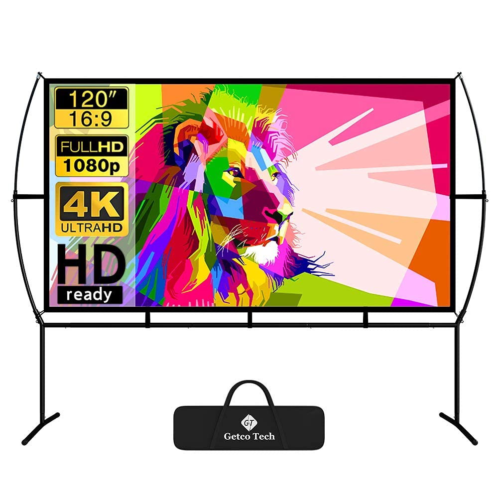 Projector Screen with Stand Foldable Portable Movie Screen 120 Inch（16：9）, HD 4K Double Sided Projection Screen Indoor Outdoor Projector Movies Screen for Home Theater