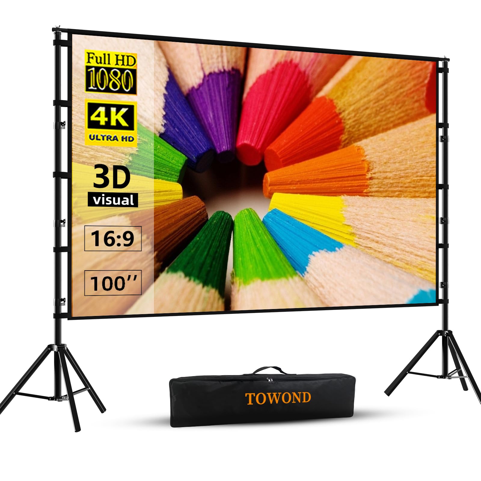 Projector Screen and Stand,Towond 100 inch Projection Screen Outdoor Indoor, Portable 16:9 4K HD Rear Front Movie Screen with Carry Bag Wrinkle-Free Design for Home Theater Backyard Cinema