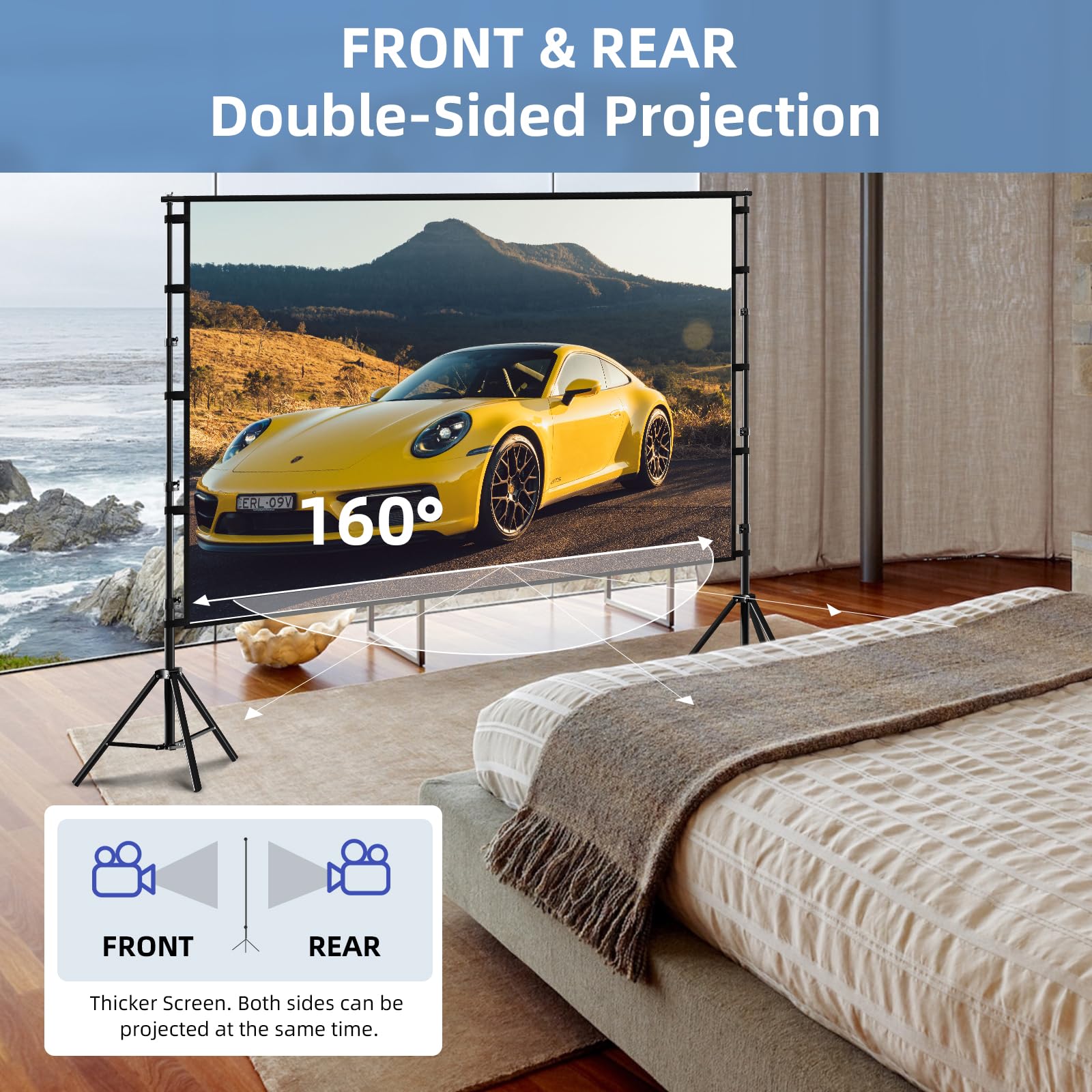 Projector Screen and Stand,Towond 100 inch Projection Screen Outdoor Indoor, Portable 16:9 4K HD Rear Front Movie Screen with Carry Bag Wrinkle-Free Design for Home Theater Backyard Cinema