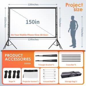 AAJK 150in Projector Screen and Stand,Portable 16:9 4K HD Indoor Outdoor Projection Screen with Wrinkle-Free Design, Ideal for Home Theater and Backyard Cinema – Includes Carry Bag