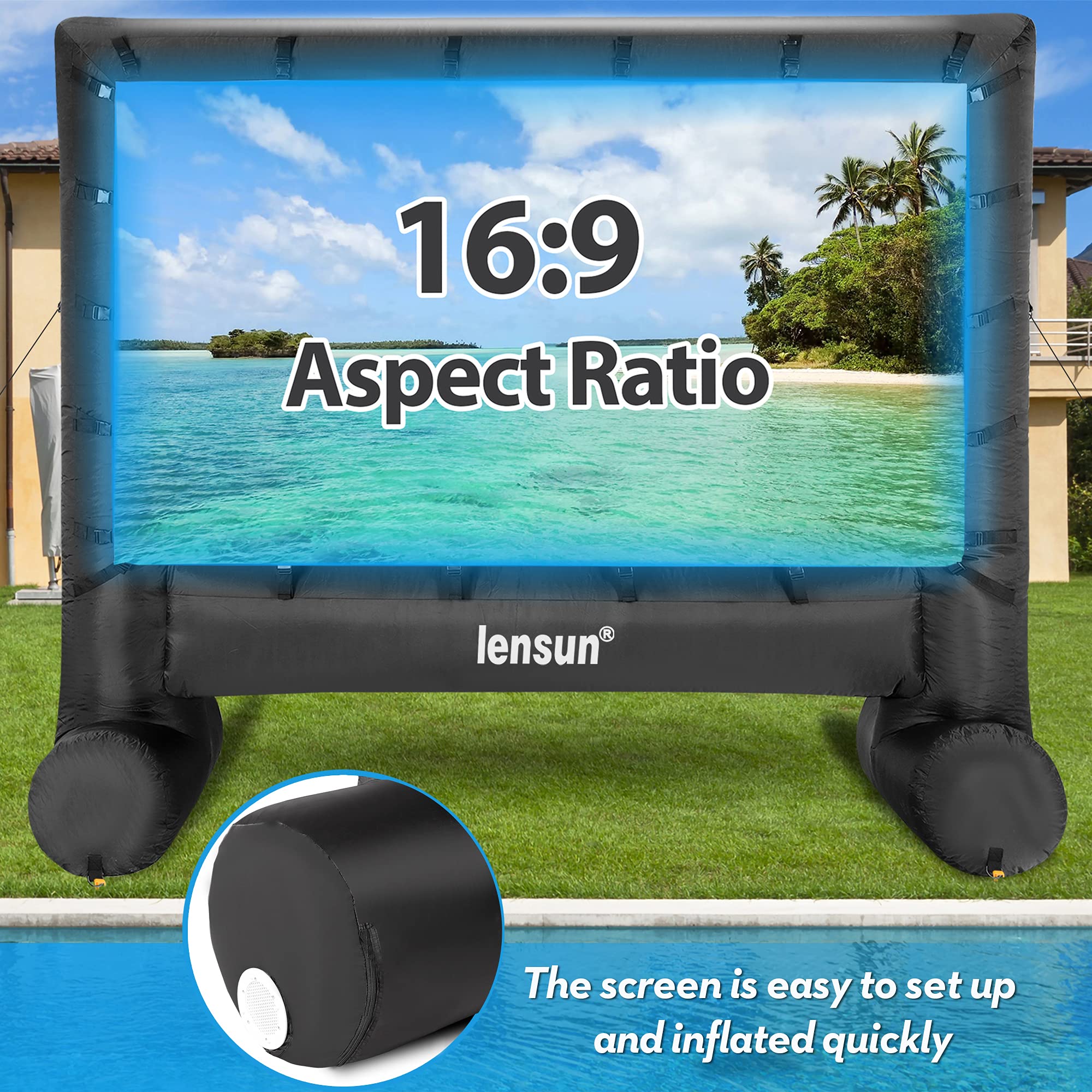 Pro 14 Feet Inflatable Outdoor Movie Projector Screen, Outdoor Blow Projection Screen Mega Projector Screen for Front and Rear Projection - Includes Inflation Fan, Base Stakes, Tie-Downs & Storage Bag