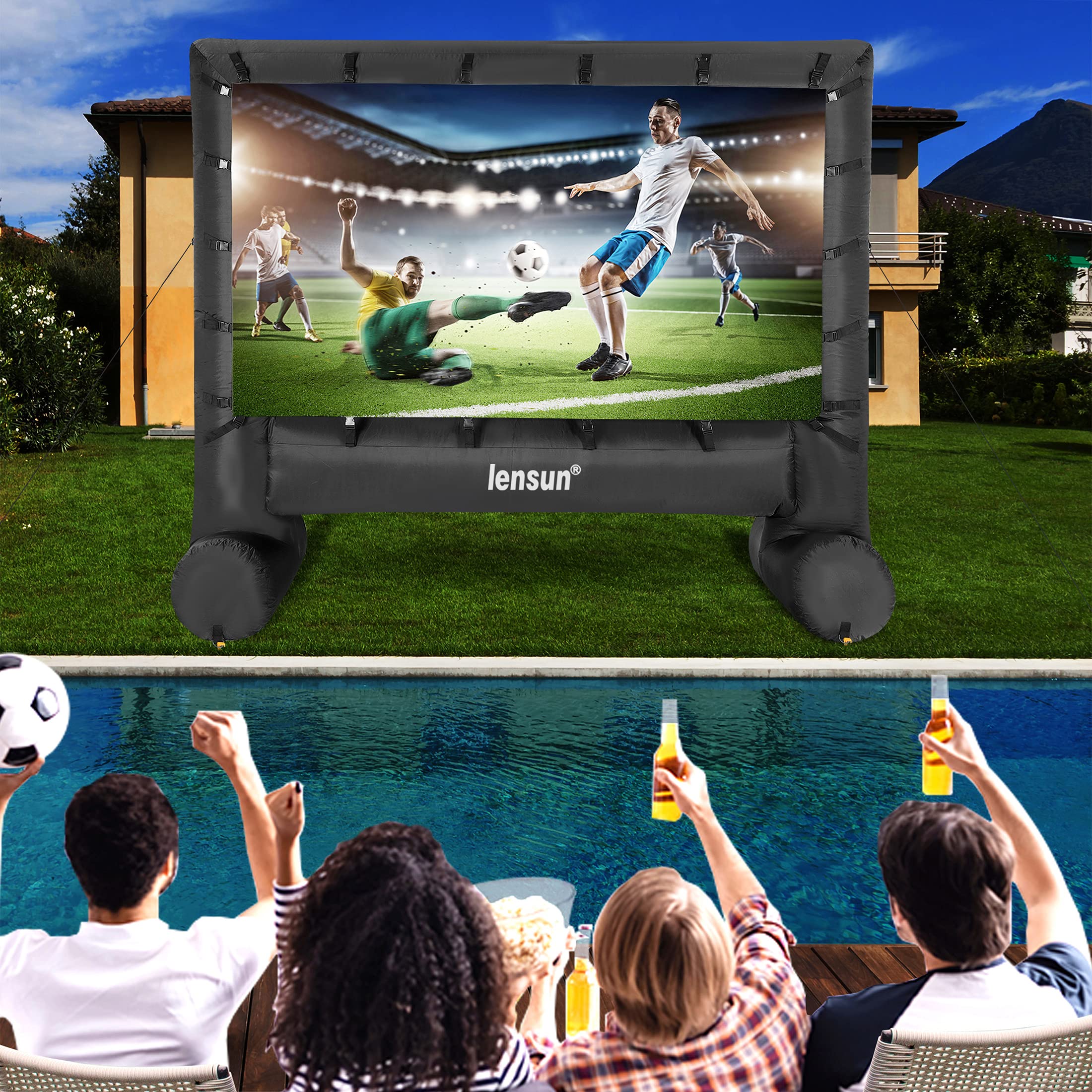 Pro 14 Feet Inflatable Outdoor Movie Projector Screen, Outdoor Blow Projection Screen Mega Projector Screen for Front and Rear Projection - Includes Inflation Fan, Base Stakes, Tie-Downs & Storage Bag