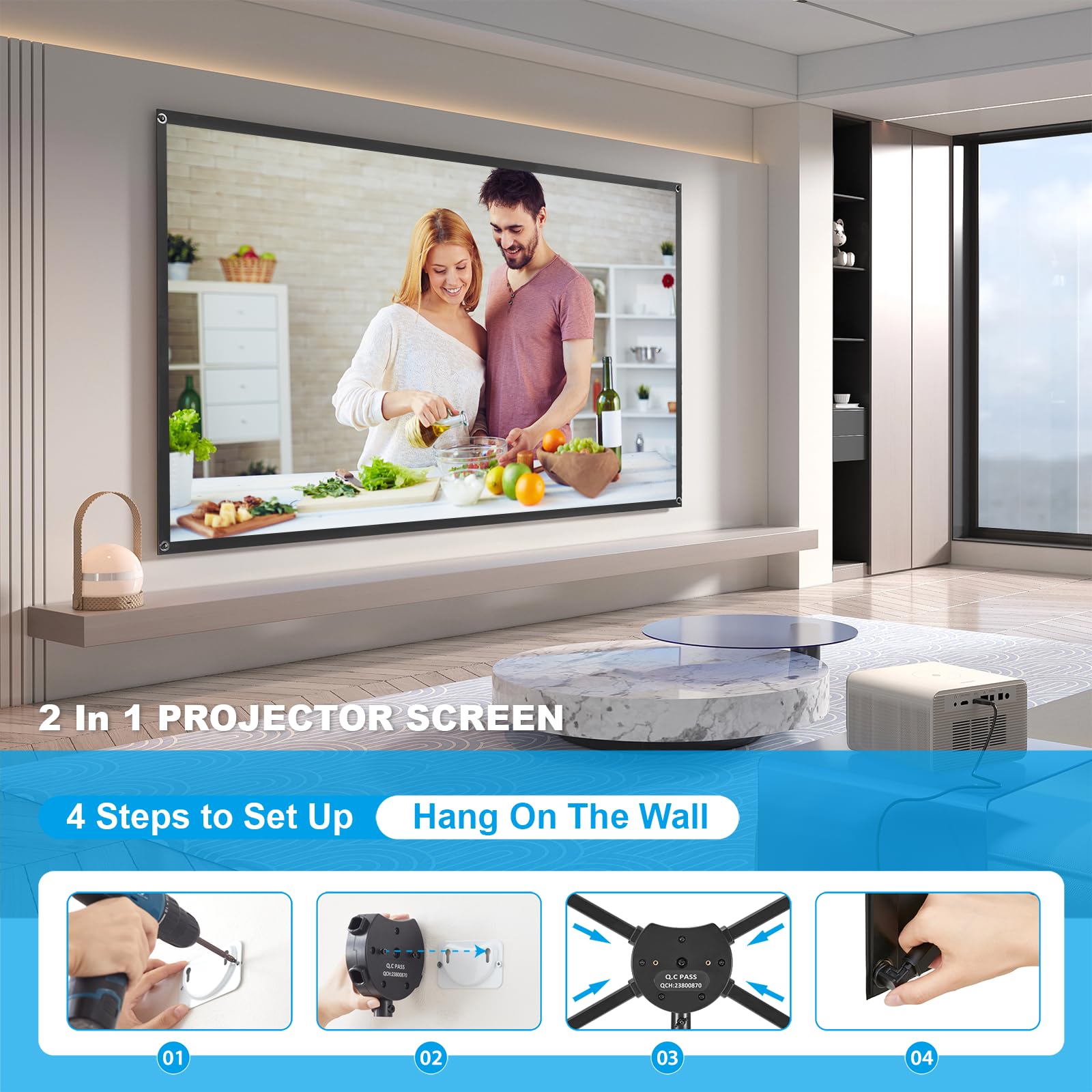 Portable Projector Screen with Stand, Outdoor Movie Screen, 80 Inch 16:9 Light-Weight, Mobile and Compact, Easy Setup and Carrying, Projection Screen with 1.2 Gain Glass Fiber, Idea for Home Cinema