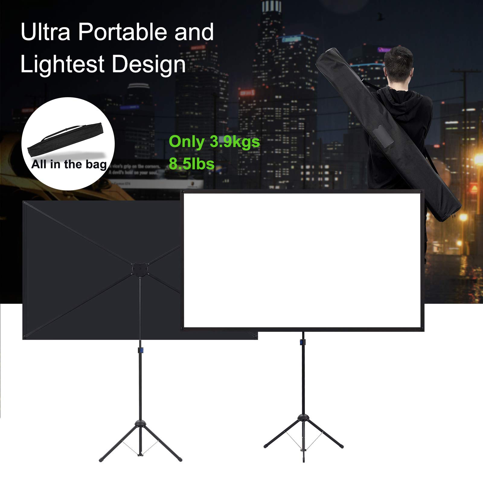 Portable Projector Screen with Stand, Outdoor Movie Screen, 80 Inch 16:9 Light-Weight, Mobile and Compact, Easy Setup and Carrying, Projection Screen with 1.2 Gain Glass Fiber, Idea for Home Cinema