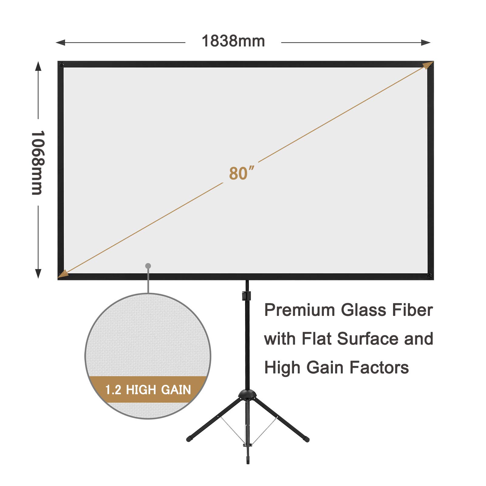 Portable Projector Screen with Stand, Outdoor Movie Screen, 80 Inch 16:9 Light-Weight, Mobile and Compact, Easy Setup and Carrying, Projection Screen with 1.2 Gain Glass Fiber, Idea for Home Cinema