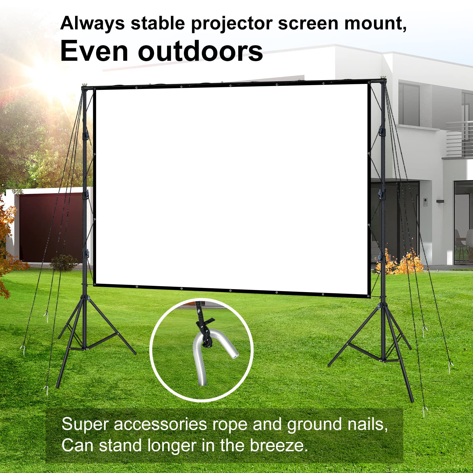 LINCO Projector Screen with Stand, 150inch Outdoor Movie Projector Screen 4K HD 16: 9 Wrinkle Free Design for Backyard Movie Night (Easy to Clean, 1.1Gain, 160° Viewing Angle & A Carry Bag)