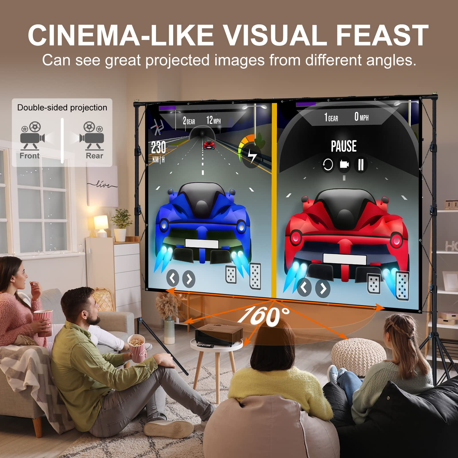 LINCO Projector Screen with Stand, 150inch Outdoor Movie Projector Screen 4K HD 16: 9 Wrinkle Free Design for Backyard Movie Night (Easy to Clean, 1.1Gain, 160° Viewing Angle & A Carry Bag)