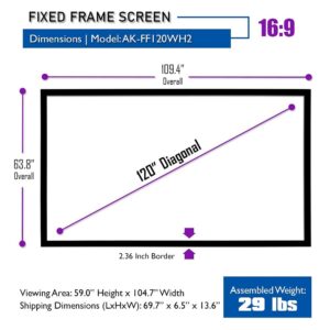 Akia Screens Fixed Frame Projector Screen 120 inch 16:9 8K 4K Ultra HD 3D Ready Wall Mount CINEWHITE UHD-B 120 Projection Screen for Indoor Movie Video Home Theater Cinema Office AK-FF120WH2