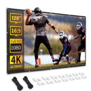 portable projector screen, 120 inch, 16:9, outdoor projector screen, front and rear projection screen, foldable, ironable and washable, idea for home cinema, business, backyard party, game.