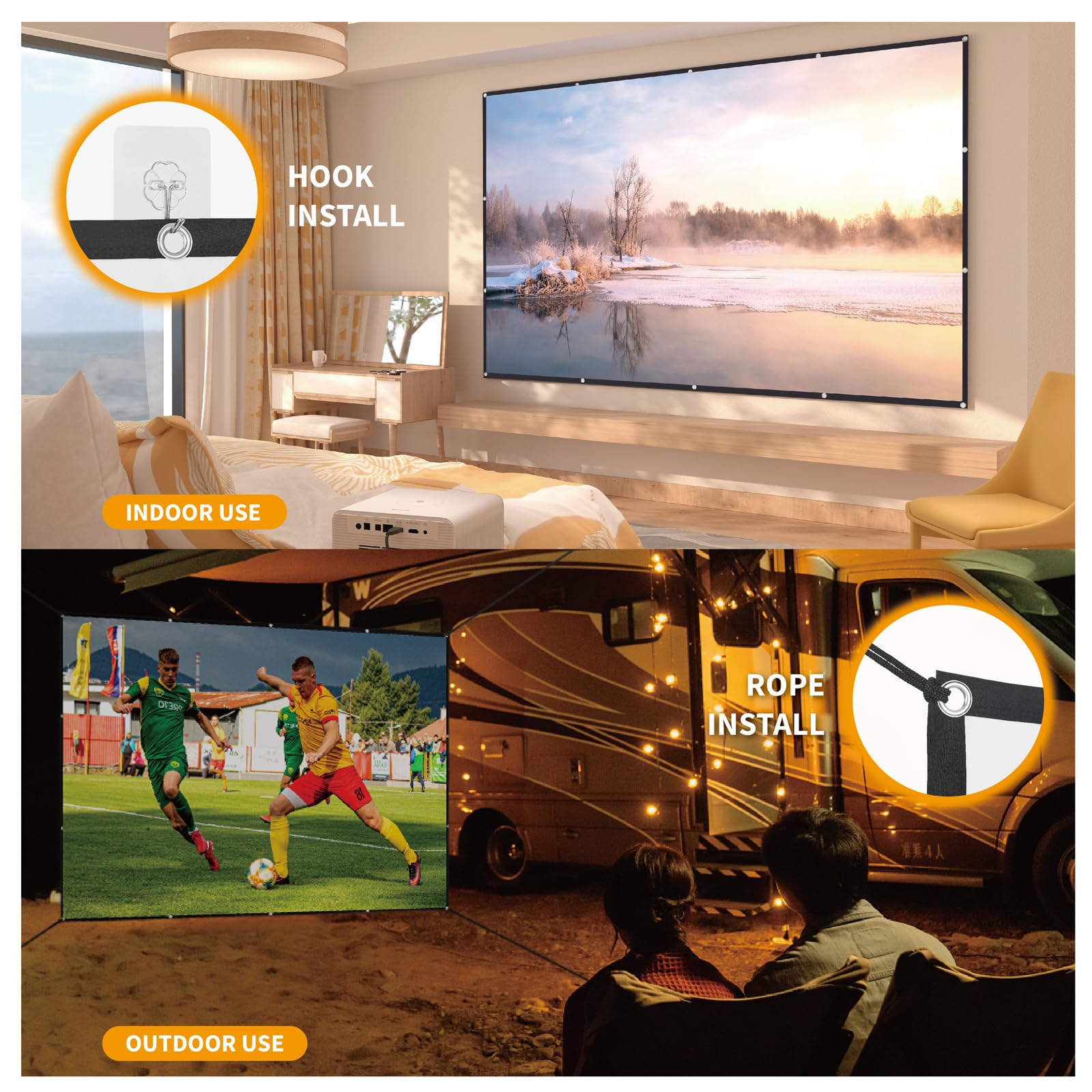 Portable Projector Screen, 120 inch, 16:9, Outdoor Projector Screen, Front and Rear Projection Screen, Foldable, Ironable and Washable, Idea for Home Cinema, Business, Backyard Party, Game.
