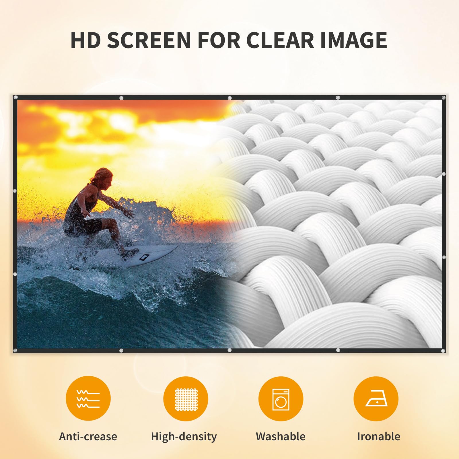 Portable Projector Screen, 120 inch, 16:9, Outdoor Projector Screen, Front and Rear Projection Screen, Foldable, Ironable and Washable, Idea for Home Cinema, Business, Backyard Party, Game.