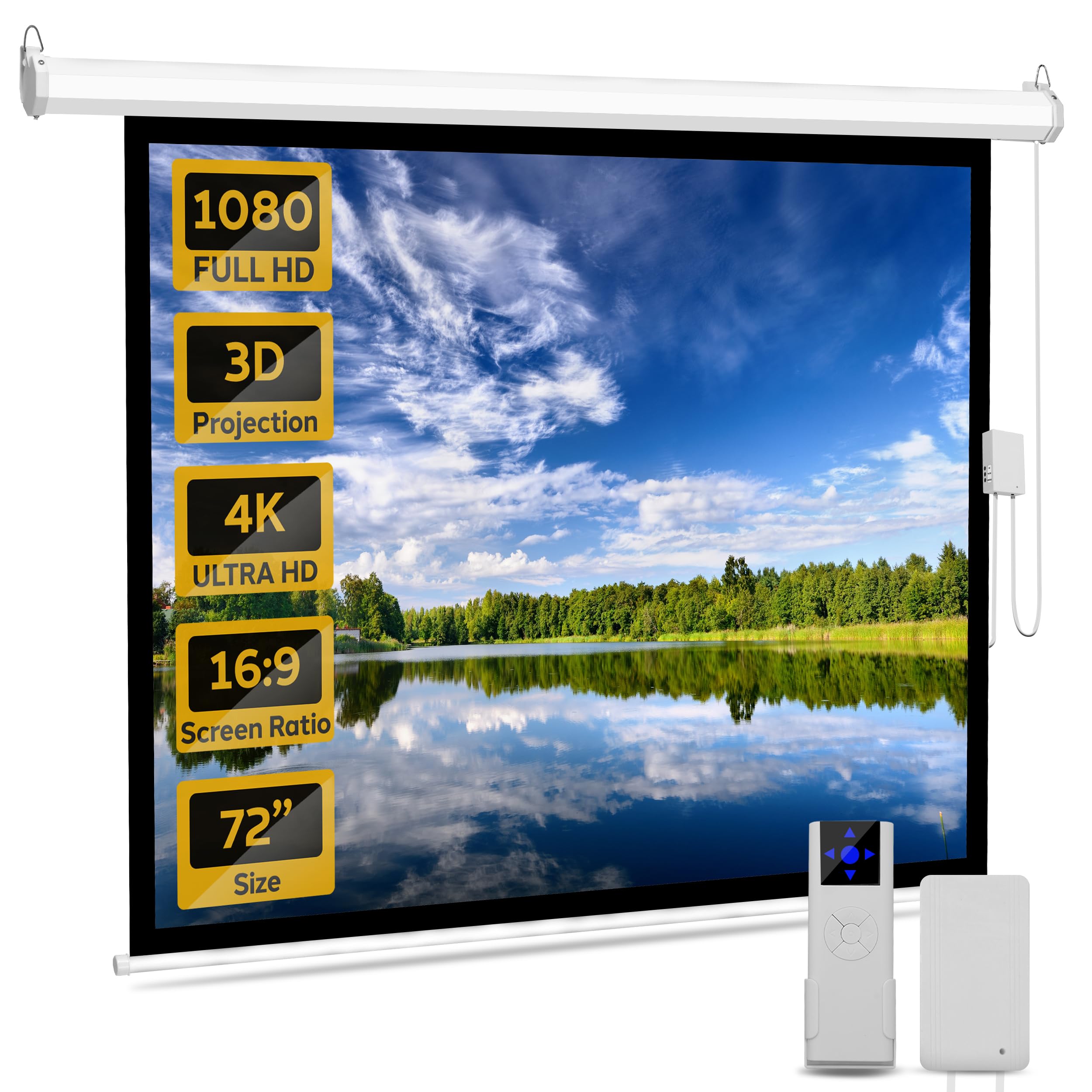 Pyle 72" Portable Motorized Matte White Projector Screen - Automatic Projection Display with Wall/Ceiling Mount, Remote and Case - for Home Movie Theater, Slide/Video Showing - PRJELMT76