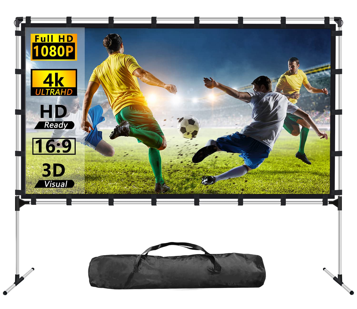 AZXRHWYGS Projector Screen with Stand 120 inch Outdoor Indoor Projector Screen 16:9 4K HD Portable Rear Front Projection Movie Screen with Carry Bag for Home Theater Backyard Movie Night