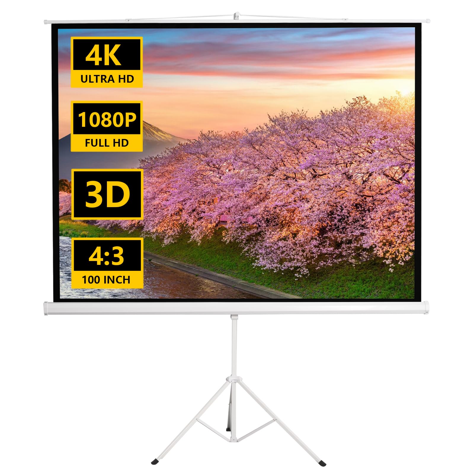 100" Projector Screen Pull Down, Projector Screen with Stand, Outdoor Projection Screen, 4:3 4K HD Home Theater Projection Screen Portable, Wrinkle-Free