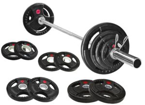 signature fitness cast iron olympic 2-inch weight plates including 7ft olympic barbell, 130-pound set (85 pounds plates + 45 pounds barbell), multiple packages, rubber coated style