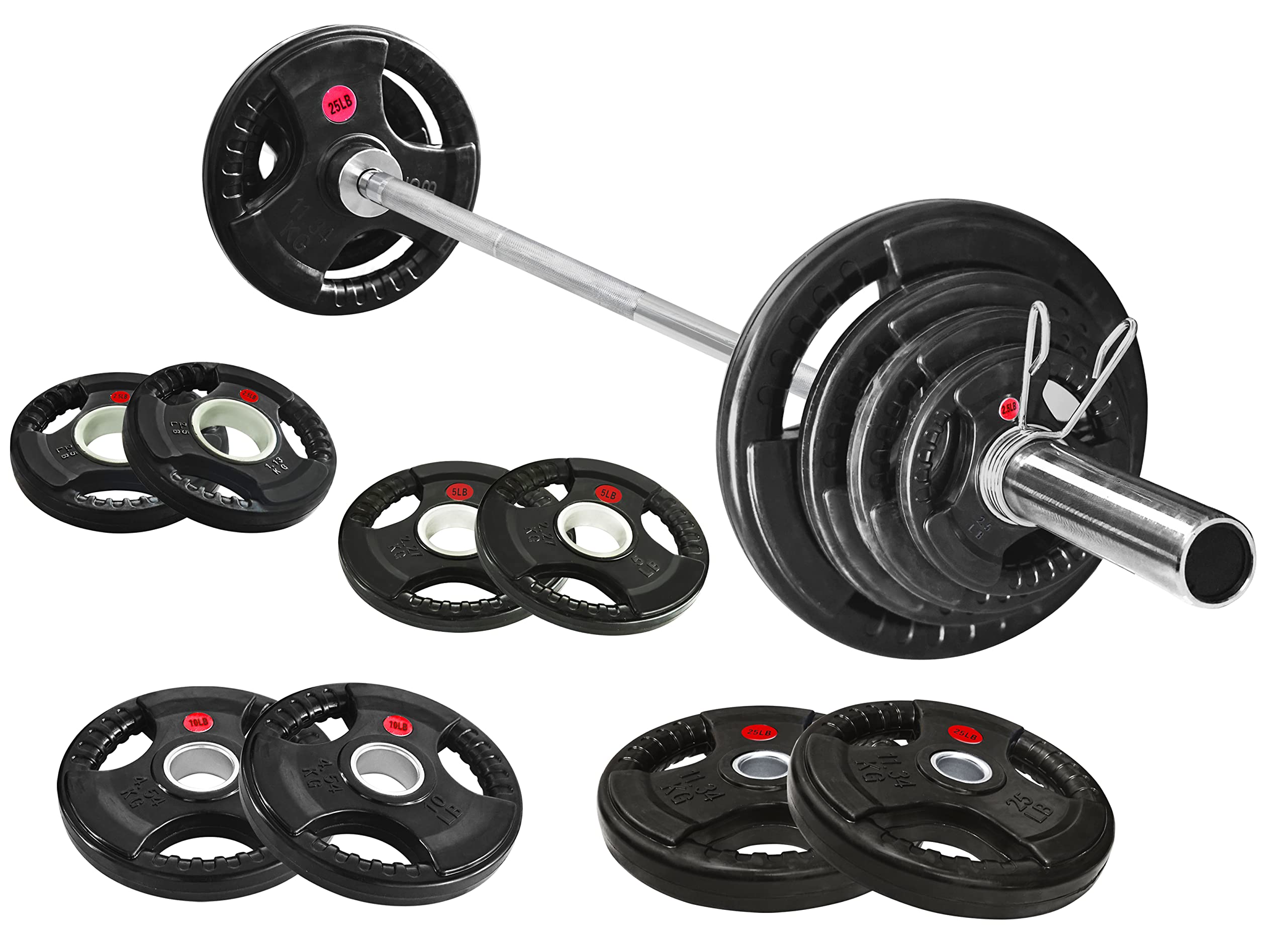 Signature Fitness Cast Iron Olympic 2-Inch Weight Plates Including 7FT Olympic Barbell, 130-Pound Set (85 Pounds Plates + 45 Pounds Barbell), Multiple Packages, Rubber Coated Style