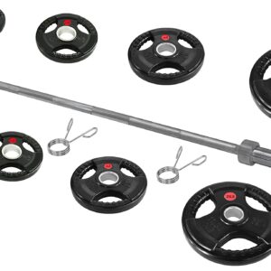 Signature Fitness Cast Iron Olympic 2-Inch Weight Plates Including 7FT Olympic Barbell, 130-Pound Set (85 Pounds Plates + 45 Pounds Barbell), Multiple Packages, Rubber Coated Style