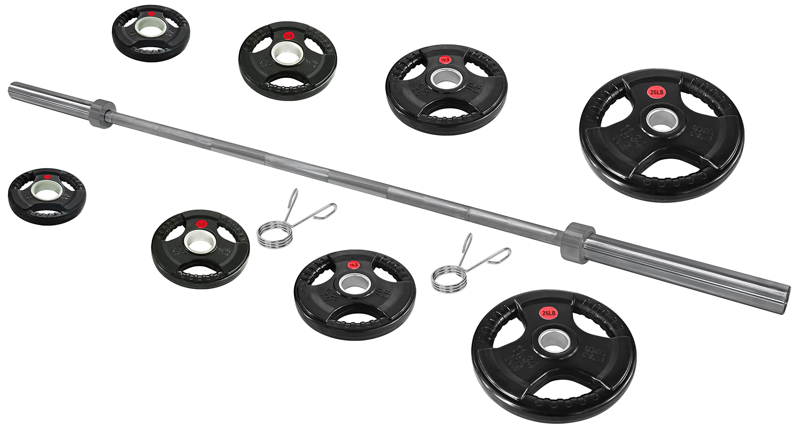 Signature Fitness Cast Iron Olympic 2-Inch Weight Plates Including 7FT Olympic Barbell, 130-Pound Set (85 Pounds Plates + 45 Pounds Barbell), Multiple Packages, Rubber Coated Style