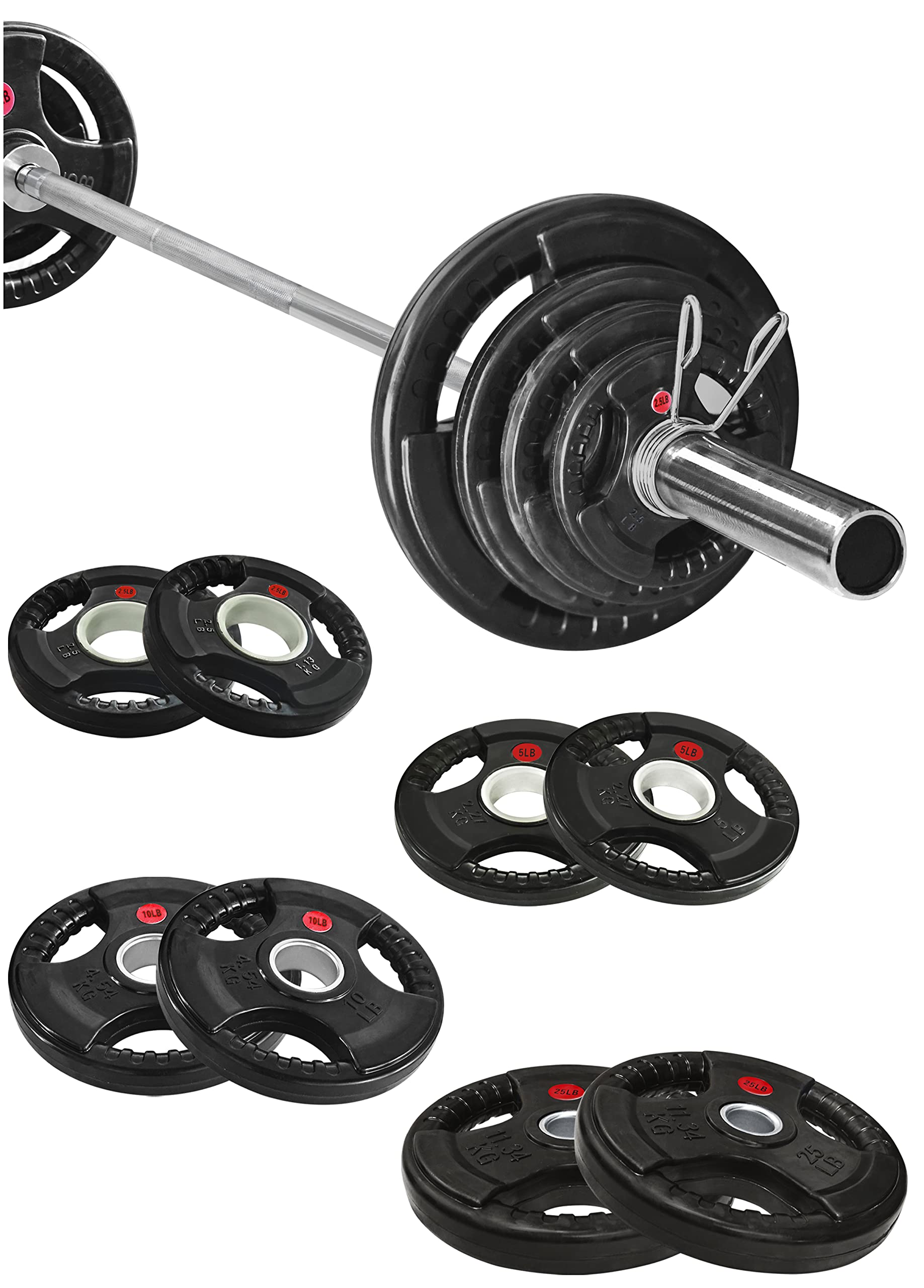 Signature Fitness Cast Iron Olympic 2-Inch Weight Plates Including 7FT Olympic Barbell, 130-Pound Set (85 Pounds Plates + 45 Pounds Barbell), Multiple Packages, Rubber Coated Style