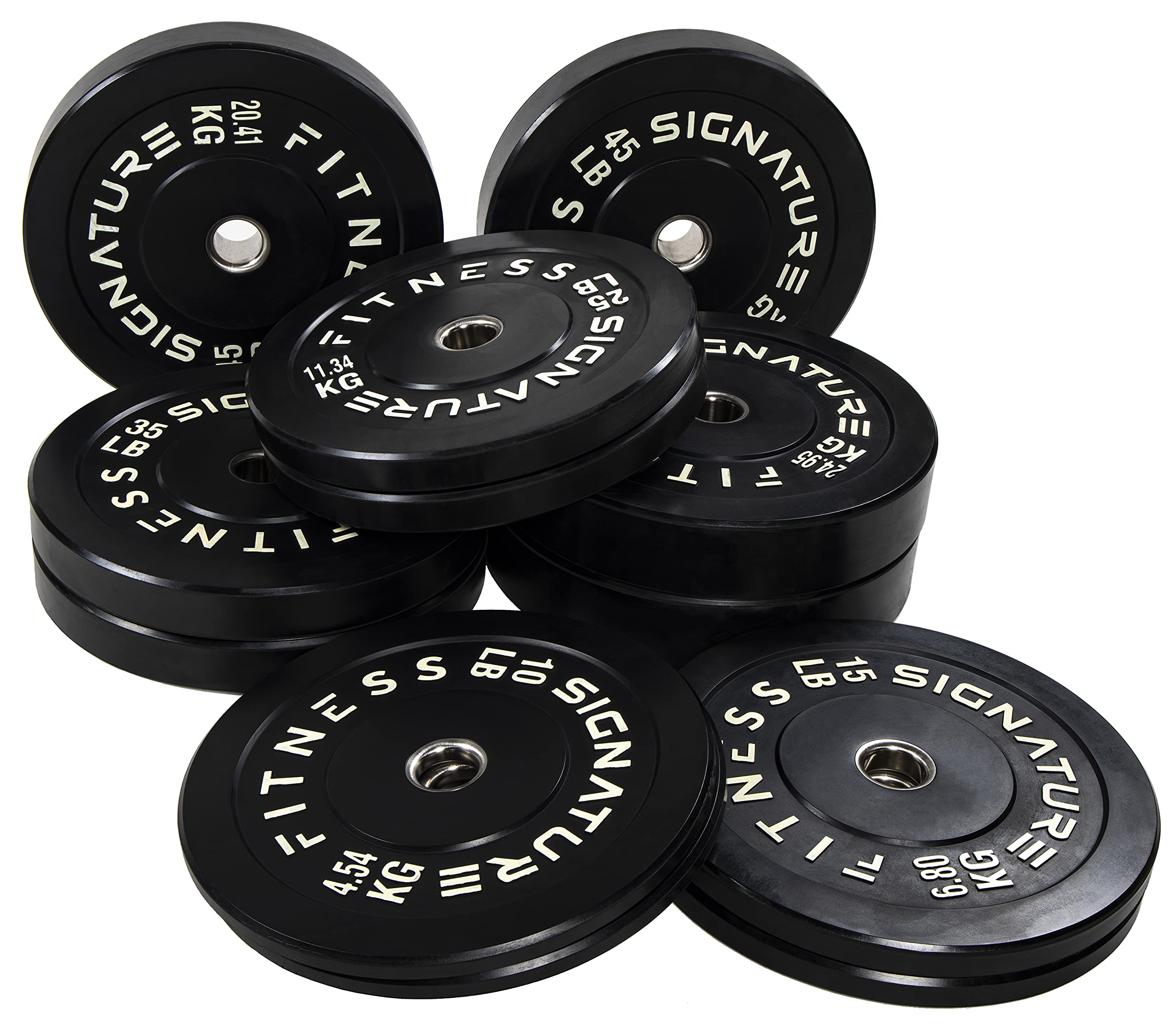 Signature Fitness 2" Olympic Bumper Plate Weight Plates with Steel Hub, 160LB Set (2X 10/25/45LB), Black