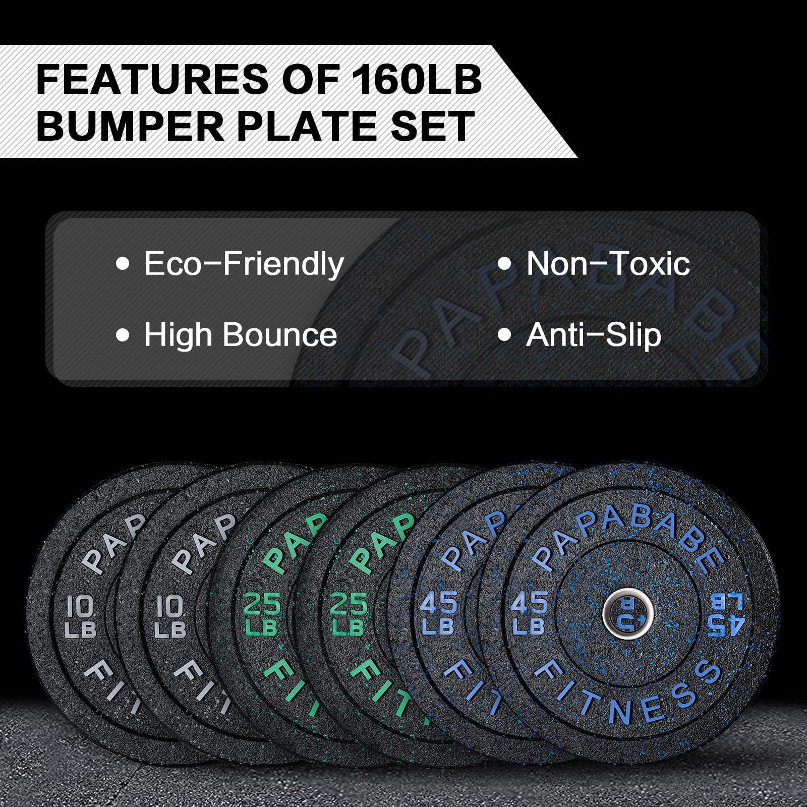 papababe Bumper Plates, High-Bounce Olympic Weight Plates with Colored Fleck-Rubber Weights Plates for Weight Lifting and Strength Training (160 lb set)