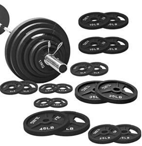 signature fitness cast iron olympic 2-inch weight plates including 7ft olympic barbell, 325-pound set (280 pounds plates + 45 pounds barbell), multiple packages, style #7