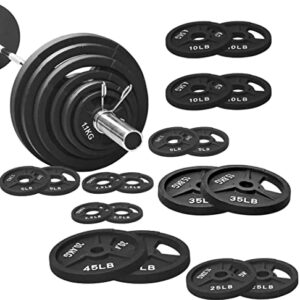 Signature Fitness Cast Iron Olympic 2-Inch Weight Plates Including 7FT Olympic Barbell, 325-Pound Set (280 Pounds Plates + 45 Pounds Barbell), Multiple Packages, Style #7