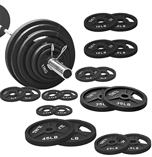 Signature Fitness Cast Iron Olympic 2-Inch Weight Plates Including 7FT Olympic Barbell, 325-Pound Set (280 Pounds Plates + 45 Pounds Barbell), Multiple Packages, Style #7