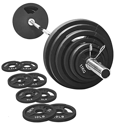 Signature Fitness Cast Iron Olympic 2-Inch Weight Plates Including 7FT Olympic Barbell, 325-Pound Set (280 Pounds Plates + 45 Pounds Barbell), Multiple Packages, Style #7