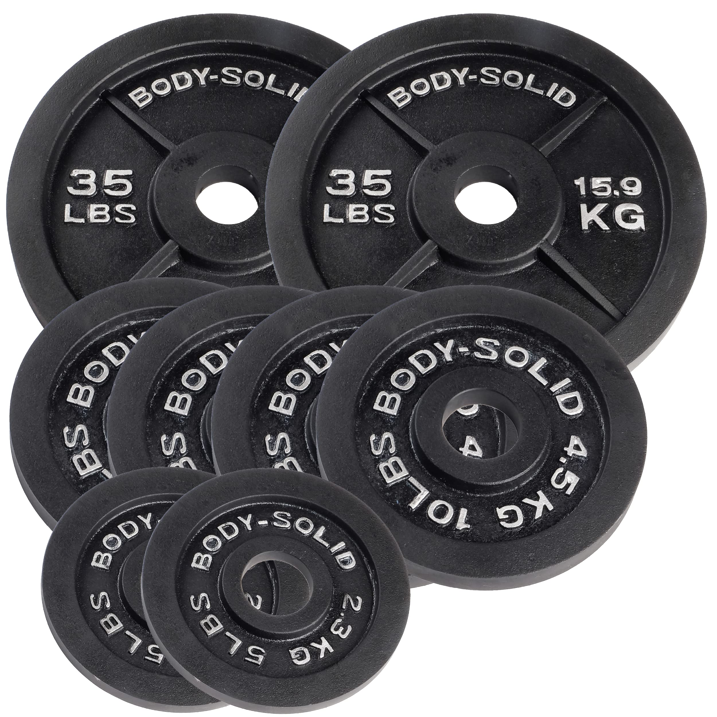 Body-Solid (OSB120) Cast Iron Olympic Weight Plate Set with Bar - Free Weights, Dumbbell Plates, 2 Inch Standard Hole for All Barbell Types, 120 Pound Total Weight Sets, Black