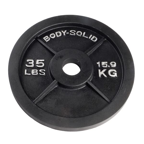 Body-Solid (OSB120) Cast Iron Olympic Weight Plate Set with Bar - Free Weights, Dumbbell Plates, 2 Inch Standard Hole for All Barbell Types, 120 Pound Total Weight Sets, Black