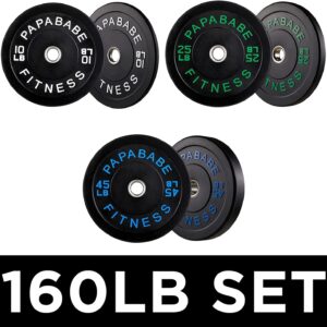 papababe Color Coded 160 LB Olympic Bumper Plate Set With Steel Insert for Weightlifting and Home Gyms