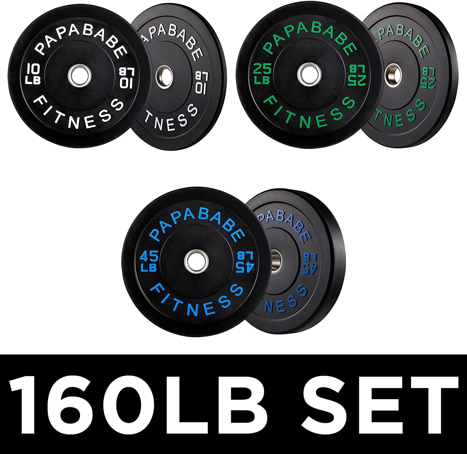 papababe Color Coded 160 LB Olympic Bumper Plate Set With Steel Insert for Weightlifting and Home Gyms