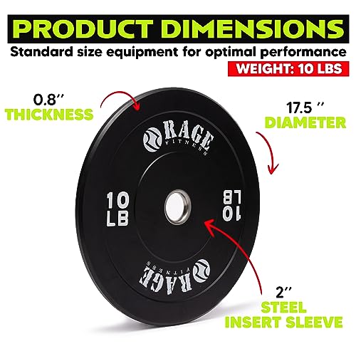 Rage Fitness 10lb Olympic Bumper Plates, 17.5" X 1" Rubber Weight Plate With 2" Steel Insert Sleeve, Minimal Bounce Perfect For Powerlifting, Squats, Bench Press, Weight & Strength Training(Black)